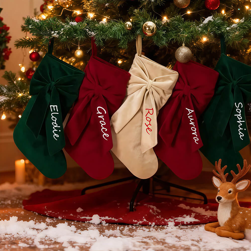 Personalized Satin Christmas Stocking with Embroidered Name and Big Bow