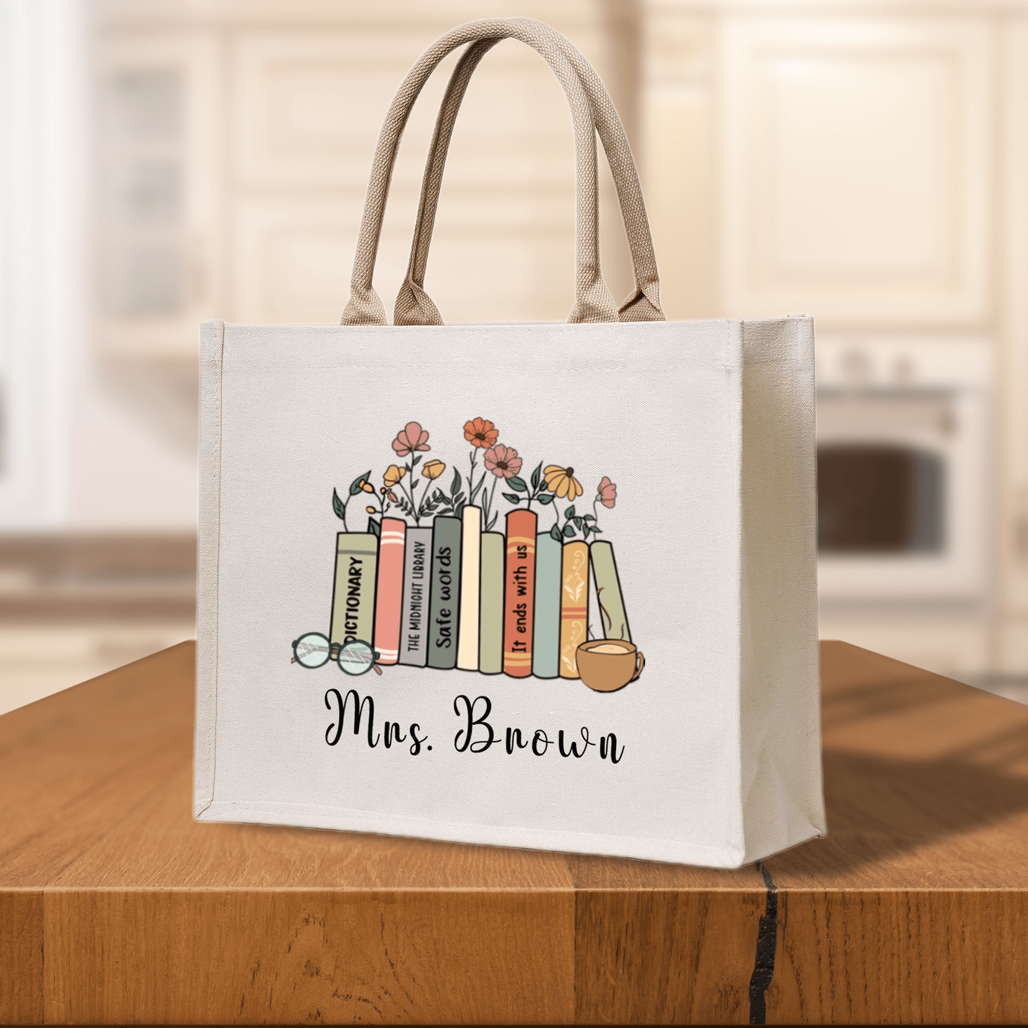 Books With Flower Teacher Name Bag Personalized Teacher Gifts