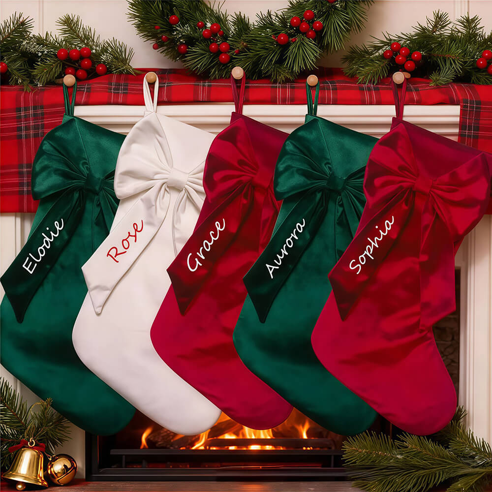 Personalized Satin Christmas Stocking with Embroidered Name and Big Bow