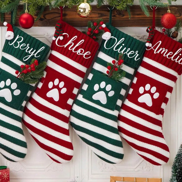 Personalized Christmas Stocking with Embroidered Name and Pet Paw Print