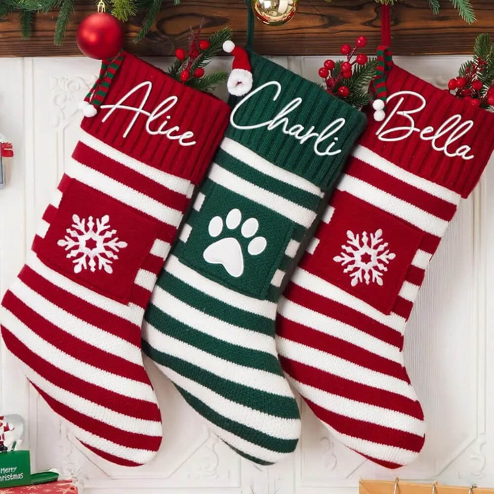 Personalized Christmas Stocking with Embroidered Name and Pet Paw Print