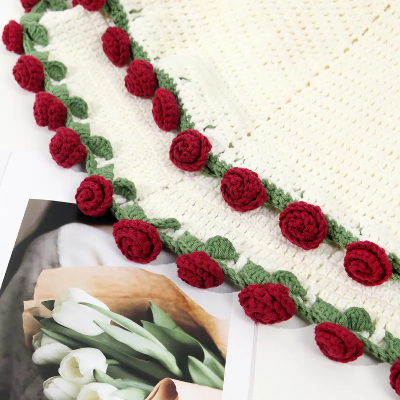 Custom Name Rose Bouquet Blanket Hand-Woven Crochet Flowers
