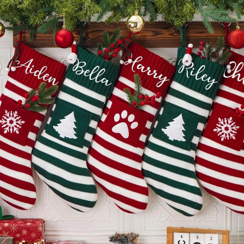 Personalized Christmas Stocking with Embroidered Name and Pet Paw Print
