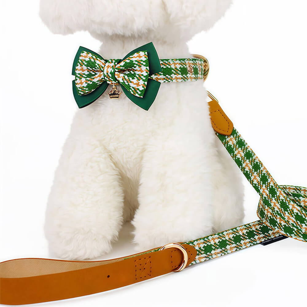 Elegant Plaid Bow Tie Collar with Nameplate