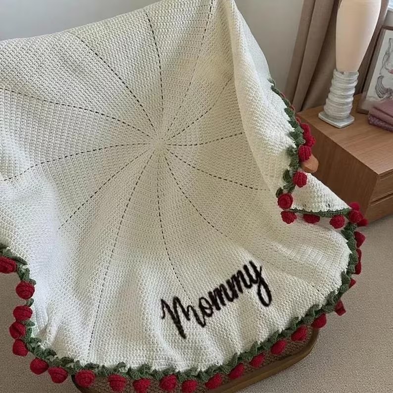 Custom Name Rose Bouquet Blanket Hand-Woven Crochet Flowers