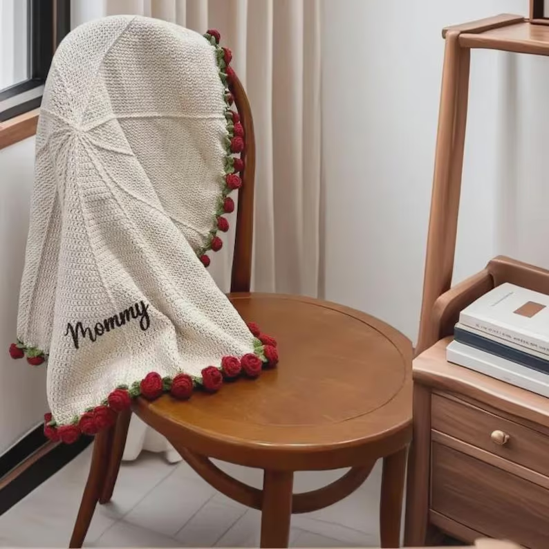 Custom Name Rose Bouquet Blanket Hand-Woven Crochet Flowers
