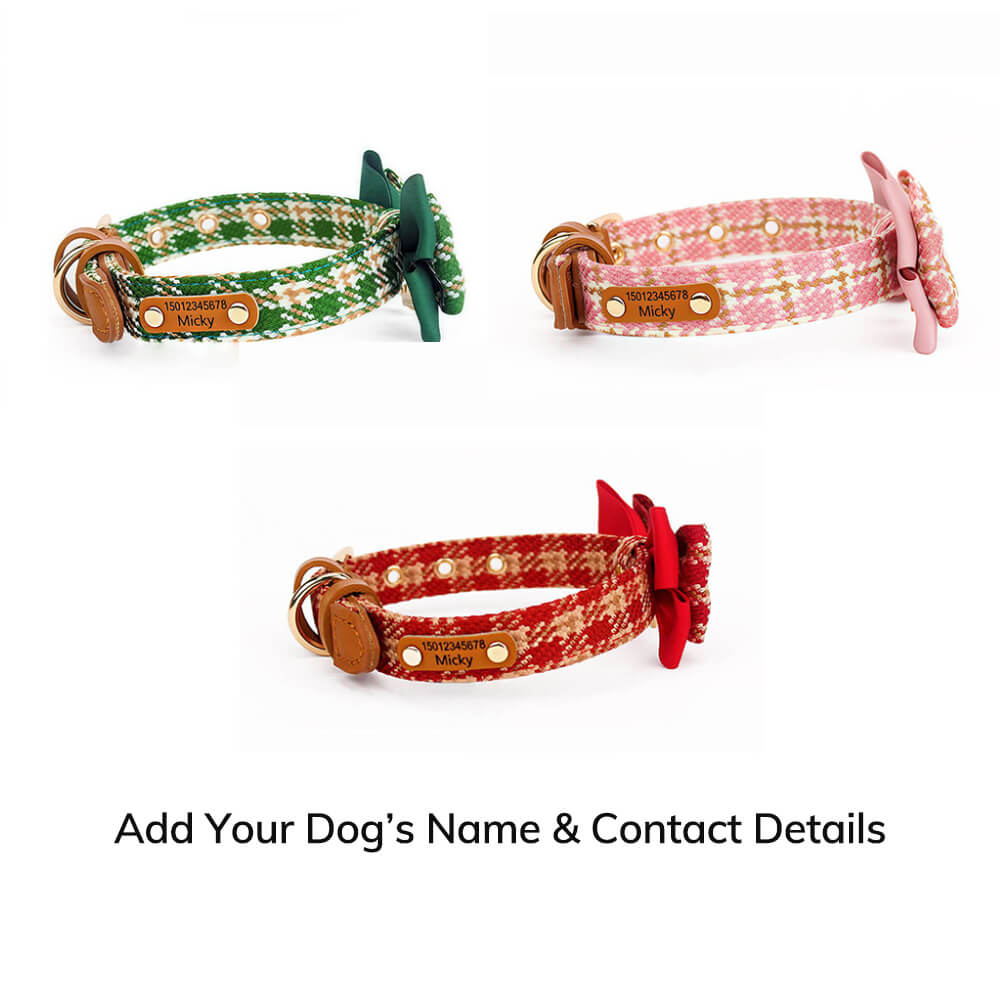 Elegant Plaid Bow Tie Collar with Nameplate