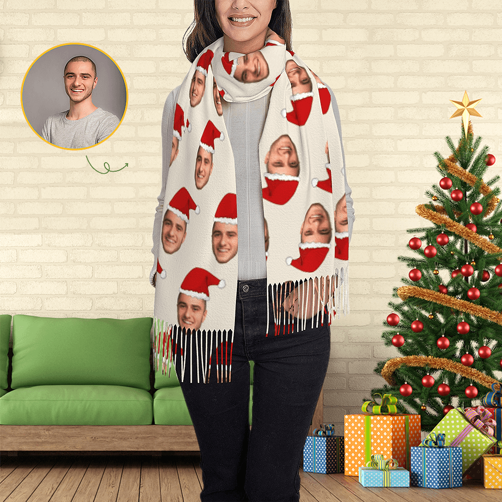 Custom Santa Hat Face Personalized Photo Scarf Soft Winter Scarfs