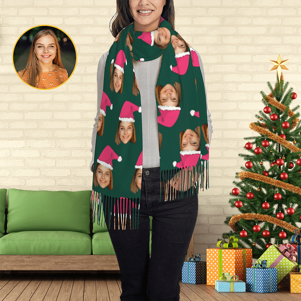 Custom Pink Santa Hat Face Personalized Photo Scarf Soft Winter Scarfs