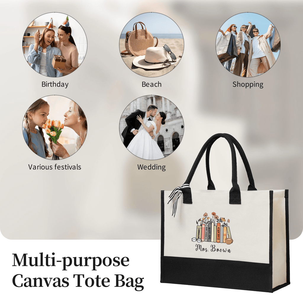 Books with Flowers Personalized Teacher Tote Bag Teacher Gifts