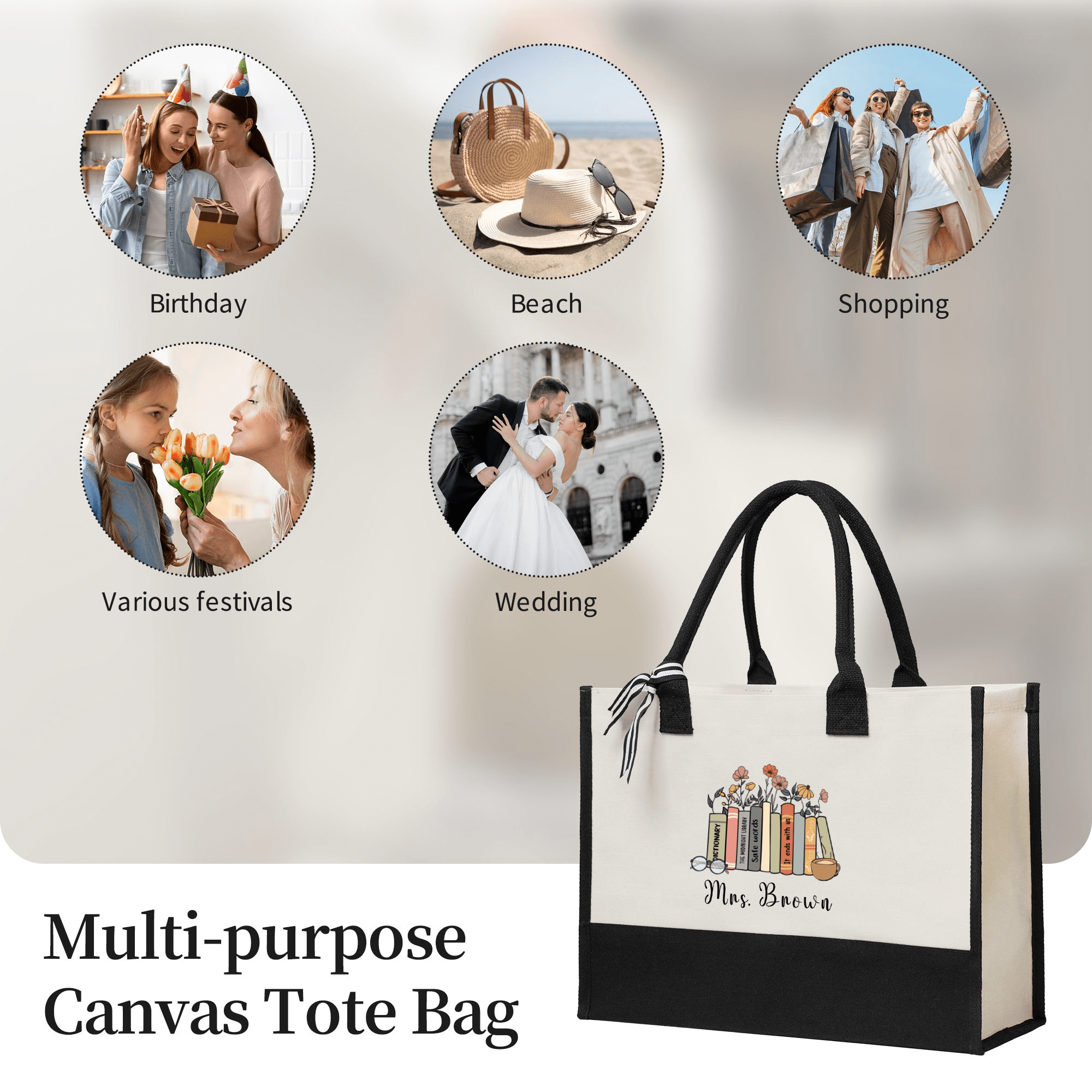 Books with Flowers Personalized Teacher Tote Bag Teacher Gifts