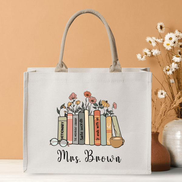 Books With Flower Teacher Name Bag Personalized Teacher Gifts