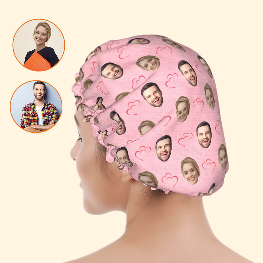 Double Heart Personalized Photo Shower Cap – Customizable Shower Cap for Couples