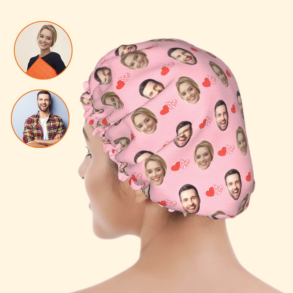 Double Heartshape Photo Shower Cap – Custom Shower Cap for Couples Valentine's Day Gift