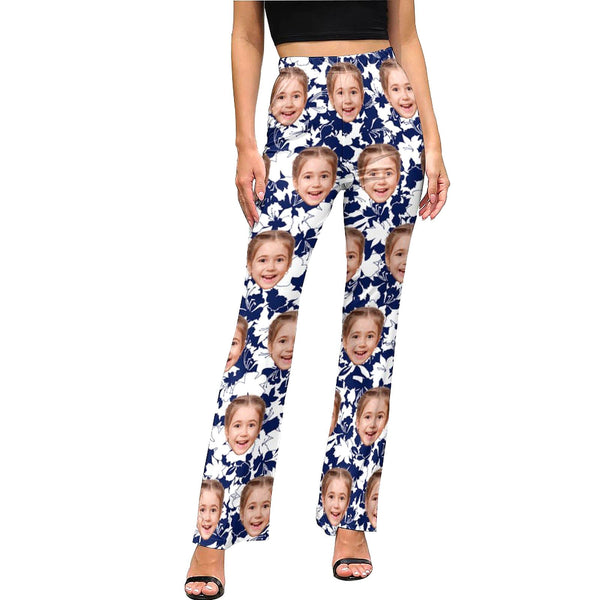 Custom High Waisted Wide Leg Pants Trousers with White Flower